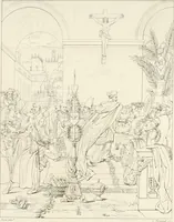 An illustration from Annales du musée et de l'école moderne des beaux-arts : recueil de gravures au trait, d'après les principaux ouvrages de peinture, sculpture, ou projets d'architecture, qui, chaque année, ont remporté le prix, soit aux écoles spéciales, soit aux concours nationaux : les productions des artistes en tous genres, qui, aux différentes expositions, ont été citées avec éloges : les morceaux les plus estimés ou inédits de la galerie de peinture : la suite complète de celle des antiques : édifices anciens et modernes, etc. (1800)