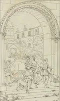 An illustration from Annales du musée et de l'école moderne des beaux-arts : recueil de gravures au trait, d'après les principaux ouvrages de peinture, sculpture, ou projets d'architecture, qui, chaque année, ont remporté le prix, soit aux écoles spéciales, soit aux concours nationaux : les productions des artistes en tous genres, qui, aux différentes expositions, ont été citées avec éloges : les morceaux les plus estimés ou inédits de la galerie de peinture : la suite complète de celle des antiques : édifices anciens et modernes, etc. (1800)