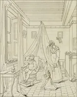 An illustration from Annales du musée et de l'école moderne des beaux-arts : recueil de gravures au trait, d'après les principaux ouvrages de peinture, sculpture, ou projets d'architecture, qui, chaque année, ont remporté le prix, soit aux écoles spéciales, soit aux concours nationaux : les productions des artistes en tous genres, qui, aux différentes expositions, ont été citées avec éloges : les morceaux les plus estimés ou inédits de la galerie de peinture : la suite complète de celle des antiques : édifices anciens et modernes, etc. (1800)