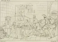 An illustration from Annales du musée et de l'école moderne des beaux-arts : recueil de gravures au trait, d'après les principaux ouvrages de peinture, sculpture, ou projets d'architecture, qui, chaque année, ont remporté le prix, soit aux écoles spéciales, soit aux concours nationaux : les productions des artistes en tous genres, qui, aux différentes expositions, ont été citées avec éloges : les morceaux les plus estimés ou inédits de la galerie de peinture : la suite complète de celle des antiques : édifices anciens et modernes, etc. (1800)