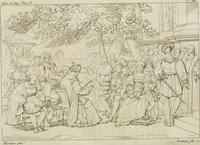An illustration from Annales du musée et de l'école moderne des beaux-arts : recueil de gravures au trait, d'après les principaux ouvrages de peinture, sculpture, ou projets d'architecture, qui, chaque année, ont remporté le prix, soit aux écoles spéciales, soit aux concours nationaux : les productions des artistes en tous genres, qui, aux différentes expositions, ont été citées avec éloges : les morceaux les plus estimés ou inédits de la galerie de peinture : la suite complète de celle des antiques : édifices anciens et modernes, etc. (1800)