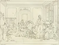 An illustration from Annales du musée et de l'école moderne des beaux-arts : recueil de gravures au trait, d'après les principaux ouvrages de peinture, sculpture, ou projets d'architecture, qui, chaque année, ont remporté le prix, soit aux écoles spéciales, soit aux concours nationaux : les productions des artistes en tous genres, qui, aux différentes expositions, ont été citées avec éloges : les morceaux les plus estimés ou inédits de la galerie de peinture : la suite complète de celle des antiques : édifices anciens et modernes, etc. (1800)