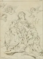 An illustration from Annales du musée et de l'école moderne des beaux-arts : recueil de gravures au trait, d'après les principaux ouvrages de peinture, sculpture, ou projets d'architecture, qui, chaque année, ont remporté le prix, soit aux écoles spéciales, soit aux concours nationaux : les productions des artistes en tous genres, qui, aux différentes expositions, ont été citées avec éloges : les morceaux les plus estimés ou inédits de la galerie de peinture : la suite complète de celle des antiques : édifices anciens et modernes, etc. (1800)