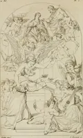 An illustration from Annales du musée et de l'école moderne des beaux-arts : recueil de gravures au trait, d'après les principaux ouvrages de peinture, sculpture, ou projets d'architecture, qui, chaque année, ont remporté le prix, soit aux écoles spéciales, soit aux concours nationaux : les productions des artistes en tous genres, qui, aux différentes expositions, ont été citées avec éloges : les morceaux les plus estimés ou inédits de la galerie de peinture : la suite complète de celle des antiques : édifices anciens et modernes, etc. (1800)