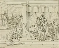 An illustration from Annales du musée et de l'école moderne des beaux-arts : recueil de gravures au trait, d'après les principaux ouvrages de peinture, sculpture, ou projets d'architecture, qui, chaque année, ont remporté le prix, soit aux écoles spéciales, soit aux concours nationaux : les productions des artistes en tous genres, qui, aux différentes expositions, ont été citées avec éloges : les morceaux les plus estimés ou inédits de la galerie de peinture : la suite complète de celle des antiques : édifices anciens et modernes, etc. (1800)