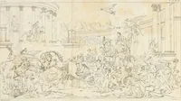 An illustration from Annales du musée et de l'école moderne des beaux-arts : recueil de gravures au trait, d'après les principaux ouvrages de peinture, sculpture, ou projets d'architecture, qui, chaque année, ont remporté le prix, soit aux écoles spéciales, soit aux concours nationaux : les productions des artistes en tous genres, qui, aux différentes expositions, ont été citées avec éloges : les morceaux les plus estimés ou inédits de la galerie de peinture : la suite complète de celle des antiques : édifices anciens et modernes, etc. (1800)