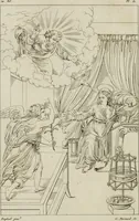 An illustration from Annales du musée et de l'école moderne des beaux-arts : recueil de gravures au trait, d'après les principaux ouvrages de peinture, sculpture, ou projets d'architecture, qui, chaque année, ont remporté le prix, soit aux écoles spéciales, soit aux concours nationaux : les productions des artistes en tous genres, qui, aux différentes expositions, ont été citées avec éloges : les morceaux les plus estimés ou inédits de la galerie de peinture : la suite complète de celle des antiques : édifices anciens et modernes, etc. (1800)