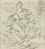 An illustration from Annales du musée et de l'école moderne des beaux-arts : recueil de gravures au trait, d'après les principaux ouvrages de peinture, sculpture, ou projets d'architecture, qui, chaque année, ont remporté le prix, soit aux écoles spéciales, soit aux concours nationaux : les productions des artistes en tous genres, qui, aux différentes expositions, ont été citées avec éloges : les morceaux les plus estimés ou inédits de la galerie de peinture : la suite complète de celle des antiques : édifices anciens et modernes, etc. (1800)
