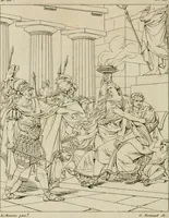 An illustration from Annales du musée et de l'école moderne des beaux-arts : recueil de gravures au trait, d'après les principaux ouvrages de peinture, sculpture, ou projets d'architecture, qui, chaque année, ont remporté le prix, soit aux écoles spéciales, soit aux concours nationaux : les productions des artistes en tous genres, qui, aux différentes expositions, ont été citées avec éloges : les morceaux les plus estimés ou inédits de la galerie de peinture : la suite complète de celle des antiques : édifices anciens et modernes, etc. (1800)