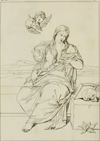An illustration from Annales du musée et de l'école moderne des beaux-arts : recueil de gravures au trait, d'après les principaux ouvrages de peinture, sculpture, ou projets d'architecture, qui, chaque année, ont remporté le prix, soit aux écoles spéciales, soit aux concours nationaux : les productions des artistes en tous genres, qui, aux différentes expositions, ont été citées avec éloges : les morceaux les plus estimés ou inédits de la galerie de peinture : la suite complète de celle des antiques : édifices anciens et modernes, etc. (1800)