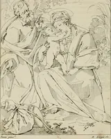 An illustration from Annales du musée et de l'école moderne des beaux-arts : recueil de gravures au trait, d'après les principaux ouvrages de peinture, sculpture, ou projets d'architecture, qui, chaque année, ont remporté le prix, soit aux écoles spéciales, soit aux concours nationaux : les productions des artistes en tous genres, qui, aux différentes expositions, ont été citées avec éloges : les morceaux les plus estimés ou inédits de la galerie de peinture : la suite complète de celle des antiques : édifices anciens et modernes, etc. (1800)