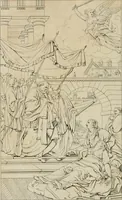 An illustration from Annales du musée et de l'école moderne des beaux-arts : recueil de gravures au trait, d'après les principaux ouvrages de peinture, sculpture, ou projets d'architecture, qui, chaque année, ont remporté le prix, soit aux écoles spéciales, soit aux concours nationaux : les productions des artistes en tous genres, qui, aux différentes expositions, ont été citées avec éloges : les morceaux les plus estimés ou inédits de la galerie de peinture : la suite complète de celle des antiques : édifices anciens et modernes, etc. (1800)