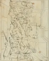 An illustration from Annales du musée et de l'école moderne des beaux-arts : recueil de gravures au trait, d'après les principaux ouvrages de peinture, sculpture, ou projets d'architecture, qui, chaque année, ont remporté le prix, soit aux écoles spéciales, soit aux concours nationaux : les productions des artistes en tous genres, qui, aux différentes expositions, ont été citées avec éloges : les morceaux les plus estimés ou inédits de la galerie de peinture : la suite complète de celle des antiques : édifices anciens et modernes, etc. (1800)