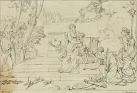An illustration from Annales du musée et de l'école moderne des beaux-arts : recueil de gravures au trait, d'après les principaux ouvrages de peinture, sculpture, ou projets d'architecture, qui, chaque année, ont remporté le prix, soit aux écoles spéciales, soit aux concours nationaux : les productions des artistes en tous genres, qui, aux différentes expositions, ont été citées avec éloges : les morceaux les plus estimés ou inédits de la galerie de peinture : la suite complète de celle des antiques : édifices anciens et modernes, etc. (1800)