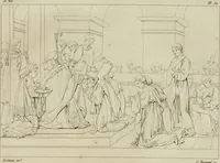 An illustration from Annales du musée et de l'école moderne des beaux-arts : recueil de gravures au trait, d'après les principaux ouvrages de peinture, sculpture, ou projets d'architecture, qui, chaque année, ont remporté le prix, soit aux écoles spéciales, soit aux concours nationaux : les productions des artistes en tous genres, qui, aux différentes expositions, ont été citées avec éloges : les morceaux les plus estimés ou inédits de la galerie de peinture : la suite complète de celle des antiques : édifices anciens et modernes, etc. (1800)