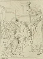 An illustration from Annales du musée et de l'école moderne des beaux-arts : recueil de gravures au trait, d'après les principaux ouvrages de peinture, sculpture, ou projets d'architecture, qui, chaque année, ont remporté le prix, soit aux écoles spéciales, soit aux concours nationaux : les productions des artistes en tous genres, qui, aux différentes expositions, ont été citées avec éloges : les morceaux les plus estimés ou inédits de la galerie de peinture : la suite complète de celle des antiques : édifices anciens et modernes, etc. (1800)