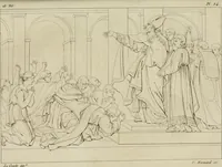 An illustration from Annales du musée et de l'école moderne des beaux-arts : recueil de gravures au trait, d'après les principaux ouvrages de peinture, sculpture, ou projets d'architecture, qui, chaque année, ont remporté le prix, soit aux écoles spéciales, soit aux concours nationaux : les productions des artistes en tous genres, qui, aux différentes expositions, ont été citées avec éloges : les morceaux les plus estimés ou inédits de la galerie de peinture : la suite complète de celle des antiques : édifices anciens et modernes, etc. (1800)
