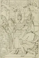 An illustration from Annales du musée et de l'école moderne des beaux-arts : recueil de gravures au trait, d'après les principaux ouvrages de peinture, sculpture, ou projets d'architecture, qui, chaque année, ont remporté le prix, soit aux écoles spéciales, soit aux concours nationaux : les productions des artistes en tous genres, qui, aux différentes expositions, ont été citées avec éloges : les morceaux les plus estimés ou inédits de la galerie de peinture : la suite complète de celle des antiques : édifices anciens et modernes, etc. (1800)