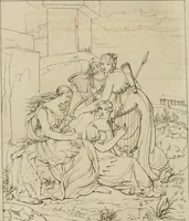 An illustration from Annales du musée et de l'école moderne des beaux-arts : recueil de gravures au trait, d'après les principaux ouvrages de peinture, sculpture, ou projets d'architecture, qui, chaque année, ont remporté le prix, soit aux écoles spéciales, soit aux concours nationaux : les productions des artistes en tous genres, qui, aux différentes expositions, ont été citées avec éloges : les morceaux les plus estimés ou inédits de la galerie de peinture : la suite complète de celle des antiques : édifices anciens et modernes, etc. (1800)