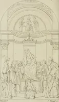 An illustration from Annales du musée et de l'école moderne des beaux-arts : recueil de gravures au trait, d'après les principaux ouvrages de peinture, sculpture, ou projets d'architecture, qui, chaque année, ont remporté le prix, soit aux écoles spéciales, soit aux concours nationaux : les productions des artistes en tous genres, qui, aux différentes expositions, ont été citées avec éloges : les morceaux les plus estimés ou inédits de la galerie de peinture : la suite complète de celle des antiques : édifices anciens et modernes, etc. (1800)