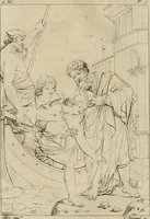 An illustration from Annales du musée et de l'école moderne des beaux-arts : recueil de gravures au trait, d'après les principaux ouvrages de peinture, sculpture, ou projets d'architecture, qui, chaque année, ont remporté le prix, soit aux écoles spéciales, soit aux concours nationaux : les productions des artistes en tous genres, qui, aux différentes expositions, ont été citées avec éloges : les morceaux les plus estimés ou inédits de la galerie de peinture : la suite complète de celle des antiques : édifices anciens et modernes, etc. (1800)