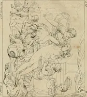 An illustration from Annales du musée et de l'école moderne des beaux-arts : recueil de gravures au trait, d'après les principaux ouvrages de peinture, sculpture, ou projets d'architecture, qui, chaque année, ont remporté le prix, soit aux écoles spéciales, soit aux concours nationaux : les productions des artistes en tous genres, qui, aux différentes expositions, ont été citées avec éloges : les morceaux les plus estimés ou inédits de la galerie de peinture : la suite complète de celle des antiques : édifices anciens et modernes, etc. (1800)