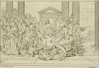 An illustration from Annales du musée et de l'école moderne des beaux-arts : recueil de gravures au trait, d'après les principaux ouvrages de peinture, sculpture, ou projets d'architecture, qui, chaque année, ont remporté le prix, soit aux écoles spéciales, soit aux concours nationaux : les productions des artistes en tous genres, qui, aux différentes expositions, ont été citées avec éloges : les morceaux les plus estimés ou inédits de la galerie de peinture : la suite complète de celle des antiques : édifices anciens et modernes, etc. (1800)