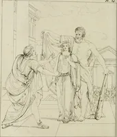 An illustration from Annales du musée et de l'école moderne des beaux-arts : recueil de gravures au trait, d'après les principaux ouvrages de peinture, sculpture, ou projets d'architecture, qui, chaque année, ont remporté le prix, soit aux écoles spéciales, soit aux concours nationaux : les productions des artistes en tous genres, qui, aux différentes expositions, ont été citées avec éloges : les morceaux les plus estimés ou inédits de la galerie de peinture : la suite complète de celle des antiques : édifices anciens et modernes, etc. (1800)