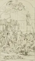 An illustration from Annales du musée et de l'école moderne des beaux-arts : recueil de gravures au trait, d'après les principaux ouvrages de peinture, sculpture, ou projets d'architecture, qui, chaque année, ont remporté le prix, soit aux écoles spéciales, soit aux concours nationaux : les productions des artistes en tous genres, qui, aux différentes expositions, ont été citées avec éloges : les morceaux les plus estimés ou inédits de la galerie de peinture : la suite complète de celle des antiques : édifices anciens et modernes, etc. (1800)
