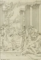 An illustration from Annales du musée et de l'école moderne des beaux-arts : recueil de gravures au trait, d'après les principaux ouvrages de peinture, sculpture, ou projets d'architecture, qui, chaque année, ont remporté le prix, soit aux écoles spéciales, soit aux concours nationaux : les productions des artistes en tous genres, qui, aux différentes expositions, ont été citées avec éloges : les morceaux les plus estimés ou inédits de la galerie de peinture : la suite complète de celle des antiques : édifices anciens et modernes, etc. (1800)