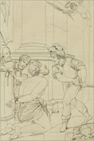 An illustration from Annales du musée et de l'école moderne des beaux-arts : recueil de gravures au trait, d'après les principaux ouvrages de peinture, sculpture, ou projets d'architecture, qui, chaque année, ont remporté le prix, soit aux écoles spéciales, soit aux concours nationaux : les productions des artistes en tous genres, qui, aux différentes expositions, ont été citées avec éloges : les morceaux les plus estimés ou inédits de la galerie de peinture : la suite complète de celle des antiques : édifices anciens et modernes, etc. (1800)