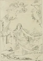 An illustration from Annales du musée et de l'école moderne des beaux-arts : recueil de gravures au trait, d'après les principaux ouvrages de peinture, sculpture, ou projets d'architecture, qui, chaque année, ont remporté le prix, soit aux écoles spéciales, soit aux concours nationaux : les productions des artistes en tous genres, qui, aux différentes expositions, ont été citées avec éloges : les morceaux les plus estimés ou inédits de la galerie de peinture : la suite complète de celle des antiques : édifices anciens et modernes, etc. (1800)