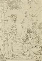An illustration from Annales du musée et de l'école moderne des beaux-arts : recueil de gravures au trait, d'après les principaux ouvrages de peinture, sculpture, ou projets d'architecture, qui, chaque année, ont remporté le prix, soit aux écoles spéciales, soit aux concours nationaux : les productions des artistes en tous genres, qui, aux différentes expositions, ont été citées avec éloges : les morceaux les plus estimés ou inédits de la galerie de peinture : la suite complète de celle des antiques : édifices anciens et modernes, etc. (1800)