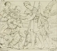 An illustration from Annales du musée et de l'école moderne des beaux-arts : recueil de gravures au trait, d'après les principaux ouvrages de peinture, sculpture, ou projets d'architecture, qui, chaque année, ont remporté le prix, soit aux écoles spéciales, soit aux concours nationaux : les productions des artistes en tous genres, qui, aux différentes expositions, ont été citées avec éloges : les morceaux les plus estimés ou inédits de la galerie de peinture : la suite complète de celle des antiques : édifices anciens et modernes, etc. (1800)