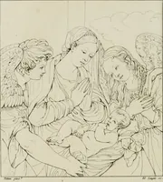 An illustration from Annales du musée et de l'école moderne des beaux-arts : recueil de gravures au trait, d'après les principaux ouvrages de peinture, sculpture, ou projets d'architecture, qui, chaque année, ont remporté le prix, soit aux écoles spéciales, soit aux concours nationaux : les productions des artistes en tous genres, qui, aux différentes expositions, ont été citées avec éloges : les morceaux les plus estimés ou inédits de la galerie de peinture : la suite complète de celle des antiques : édifices anciens et modernes, etc. (1800)