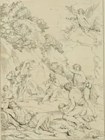 An illustration from Annales du musée et de l'école moderne des beaux-arts : recueil de gravures au trait, d'après les principaux ouvrages de peinture, sculpture, ou projets d'architecture, qui, chaque année, ont remporté le prix, soit aux écoles spéciales, soit aux concours nationaux : les productions des artistes en tous genres, qui, aux différentes expositions, ont été citées avec éloges : les morceaux les plus estimés ou inédits de la galerie de peinture : la suite complète de celle des antiques : édifices anciens et modernes, etc. (1800)