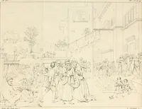 An illustration from Annales du musée et de l'école moderne des beaux-arts : recueil de gravures au trait, d'après les principaux ouvrages de peinture, sculpture, ou projets d'architecture, qui, chaque année, ont remporté le prix, soit aux écoles spéciales, soit aux concours nationaux : les productions des artistes en tous genres, qui, aux différentes expositions, ont été citées avec éloges : les morceaux les plus estimés ou inédits de la galerie de peinture : la suite complète de celle des antiques : édifices anciens et modernes, etc. (1800)