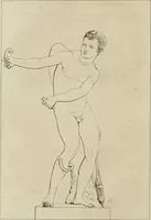 An illustration from Annales du musée et de l'école moderne des beaux-arts : recueil de gravures au trait, d'après les principaux ouvrages de peinture, sculpture, ou projets d'architecture, qui, chaque année, ont remporté le prix, soit aux écoles spéciales, soit aux concours nationaux : les productions des artistes en tous genres, qui, aux différentes expositions, ont été citées avec éloges : les morceaux les plus estimés ou inédits de la galerie de peinture : la suite complète de celle des antiques : édifices anciens et modernes, etc. (1800)