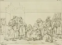 An illustration from Annales du musée et de l'école moderne des beaux-arts : recueil de gravures au trait, d'après les principaux ouvrages de peinture, sculpture, ou projets d'architecture, qui, chaque année, ont remporté le prix, soit aux écoles spéciales, soit aux concours nationaux : les productions des artistes en tous genres, qui, aux différentes expositions, ont été citées avec éloges : les morceaux les plus estimés ou inédits de la galerie de peinture : la suite complète de celle des antiques : édifices anciens et modernes, etc. (1800)
