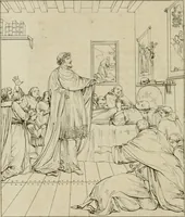 An illustration from Annales du musée et de l'école moderne des beaux-arts : recueil de gravures au trait, d'après les principaux ouvrages de peinture, sculpture, ou projets d'architecture, qui, chaque année, ont remporté le prix, soit aux écoles spéciales, soit aux concours nationaux : les productions des artistes en tous genres, qui, aux différentes expositions, ont été citées avec éloges : les morceaux les plus estimés ou inédits de la galerie de peinture : la suite complète de celle des antiques : édifices anciens et modernes, etc. (1800)