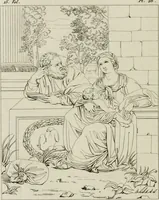 An illustration from Annales du musée et de l'école moderne des beaux-arts : recueil de gravures au trait, d'après les principaux ouvrages de peinture, sculpture, ou projets d'architecture, qui, chaque année, ont remporté le prix, soit aux écoles spéciales, soit aux concours nationaux : les productions des artistes en tous genres, qui, aux différentes expositions, ont été citées avec éloges : les morceaux les plus estimés ou inédits de la galerie de peinture : la suite complète de celle des antiques : édifices anciens et modernes, etc. (1800)