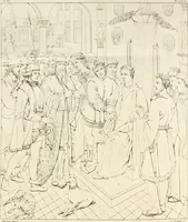 An illustration from Annales du musée et de l'école moderne des beaux-arts : recueil de gravures au trait, d'après les principaux ouvrages de peinture, sculpture, ou projets d'architecture, qui, chaque année, ont remporté le prix, soit aux écoles spéciales, soit aux concours nationaux : les productions des artistes en tous genres, qui, aux différentes expositions, ont été citées avec éloges : les morceaux les plus estimés ou inédits de la galerie de peinture : la suite complète de celle des antiques : édifices anciens et modernes, etc. (1800)