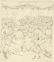 An illustration from Annales du musée et de l'école moderne des beaux-arts : recueil de gravures au trait, d'après les principaux ouvrages de peinture, sculpture, ou projets d'architecture, qui, chaque année, ont remporté le prix, soit aux écoles spéciales, soit aux concours nationaux : les productions des artistes en tous genres, qui, aux différentes expositions, ont été citées avec éloges : les morceaux les plus estimés ou inédits de la galerie de peinture : la suite complète de celle des antiques : édifices anciens et modernes, etc. (1800)