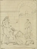 An illustration from Annales du musée et de l'école moderne des beaux-arts : recueil de gravures au trait, d'après les principaux ouvrages de peinture, sculpture, ou projets d'architecture, qui, chaque année, ont remporté le prix, soit aux écoles spéciales, soit aux concours nationaux : les productions des artistes en tous genres, qui, aux différentes expositions, ont été citées avec éloges : les morceaux les plus estimés ou inédits de la galerie de peinture : la suite complète de celle des antiques : édifices anciens et modernes, etc. (1800)