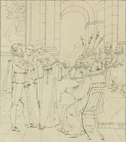 An illustration from Annales du musée et de l'école moderne des beaux-arts : recueil de gravures au trait, d'après les principaux ouvrages de peinture, sculpture, ou projets d'architecture, qui, chaque année, ont remporté le prix, soit aux écoles spéciales, soit aux concours nationaux : les productions des artistes en tous genres, qui, aux différentes expositions, ont été citées avec éloges : les morceaux les plus estimés ou inédits de la galerie de peinture : la suite complète de celle des antiques : édifices anciens et modernes, etc. (1800)