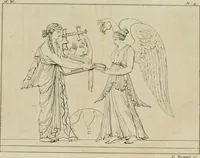 An illustration from Annales du musée et de l'école moderne des beaux-arts : recueil de gravures au trait, d'après les principaux ouvrages de peinture, sculpture, ou projets d'architecture, qui, chaque année, ont remporté le prix, soit aux écoles spéciales, soit aux concours nationaux : les productions des artistes en tous genres, qui, aux différentes expositions, ont été citées avec éloges : les morceaux les plus estimés ou inédits de la galerie de peinture : la suite complète de celle des antiques : édifices anciens et modernes, etc. (1800)