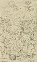 An illustration from Annales du musée et de l'école moderne des beaux-arts : recueil de gravures au trait, d'après les principaux ouvrages de peinture, sculpture, ou projets d'architecture, qui, chaque année, ont remporté le prix, soit aux écoles spéciales, soit aux concours nationaux : les productions des artistes en tous genres, qui, aux différentes expositions, ont été citées avec éloges : les morceaux les plus estimés ou inédits de la galerie de peinture : la suite complète de celle des antiques : édifices anciens et modernes, etc. (1800)