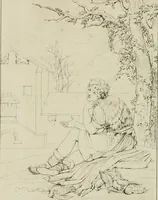 An illustration from Annales du musée et de l'école moderne des beaux-arts : recueil de gravures au trait, d'après les principaux ouvrages de peinture, sculpture, ou projets d'architecture, qui, chaque année, ont remporté le prix, soit aux écoles spéciales, soit aux concours nationaux : les productions des artistes en tous genres, qui, aux différentes expositions, ont été citées avec éloges : les morceaux les plus estimés ou inédits de la galerie de peinture : la suite complète de celle des antiques : édifices anciens et modernes, etc. (1800)