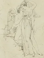 An illustration from Annales du musée et de l'école moderne des beaux-arts : recueil de gravures au trait, d'après les principaux ouvrages de peinture, sculpture, ou projets d'architecture, qui, chaque année, ont remporté le prix, soit aux écoles spéciales, soit aux concours nationaux : les productions des artistes en tous genres, qui, aux différentes expositions, ont été citées avec éloges : les morceaux les plus estimés ou inédits de la galerie de peinture : la suite complète de celle des antiques : édifices anciens et modernes, etc. (1800)