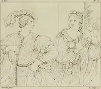 An illustration from Annales du musée et de l'école moderne des beaux-arts : recueil de gravures au trait, d'après les principaux ouvrages de peinture, sculpture, ou projets d'architecture, qui, chaque année, ont remporté le prix, soit aux écoles spéciales, soit aux concours nationaux : les productions des artistes en tous genres, qui, aux différentes expositions, ont été citées avec éloges : les morceaux les plus estimés ou inédits de la galerie de peinture : la suite complète de celle des antiques : édifices anciens et modernes, etc. (1800)